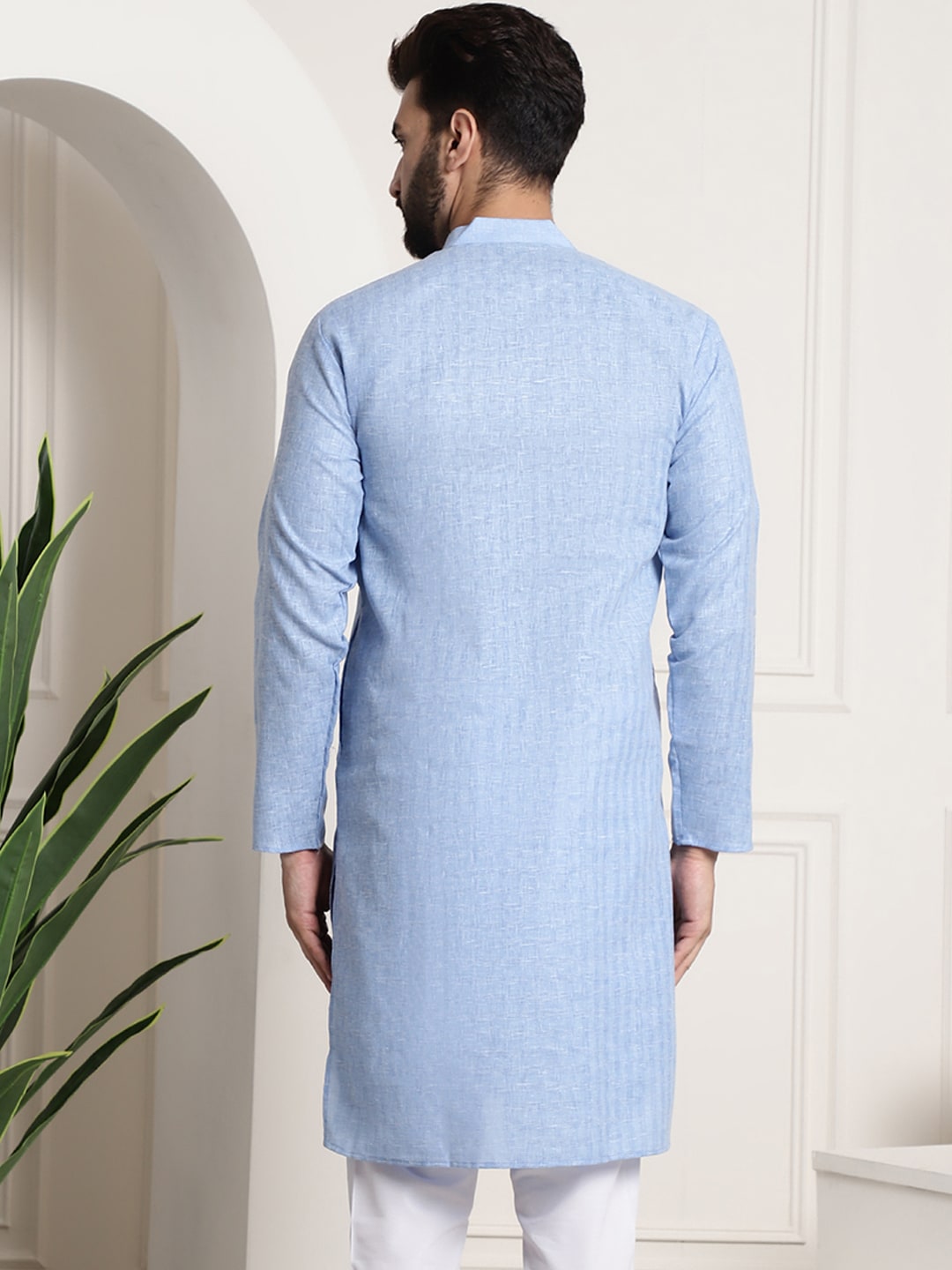 Sojanya Men Blue Dobby Self-Checked Straight Kurta | Swadesiicart
