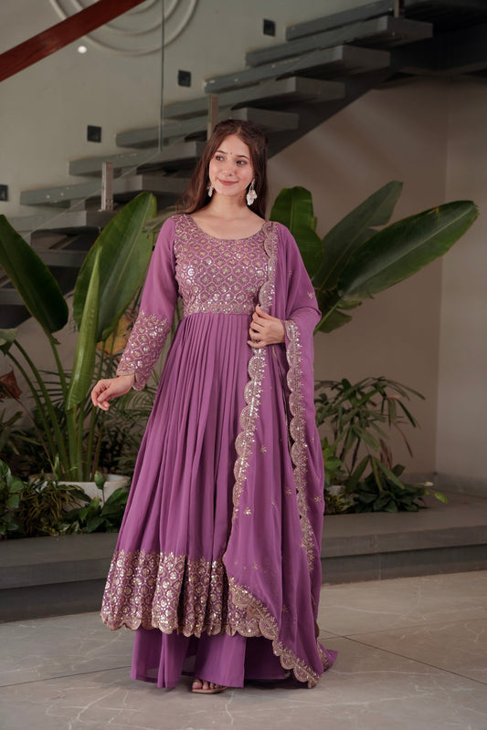 Lorenvalley Fashion Lavender Faux Georgette Embroidery & Sequins Work Anarkali Gown Sharara with Dupatta
