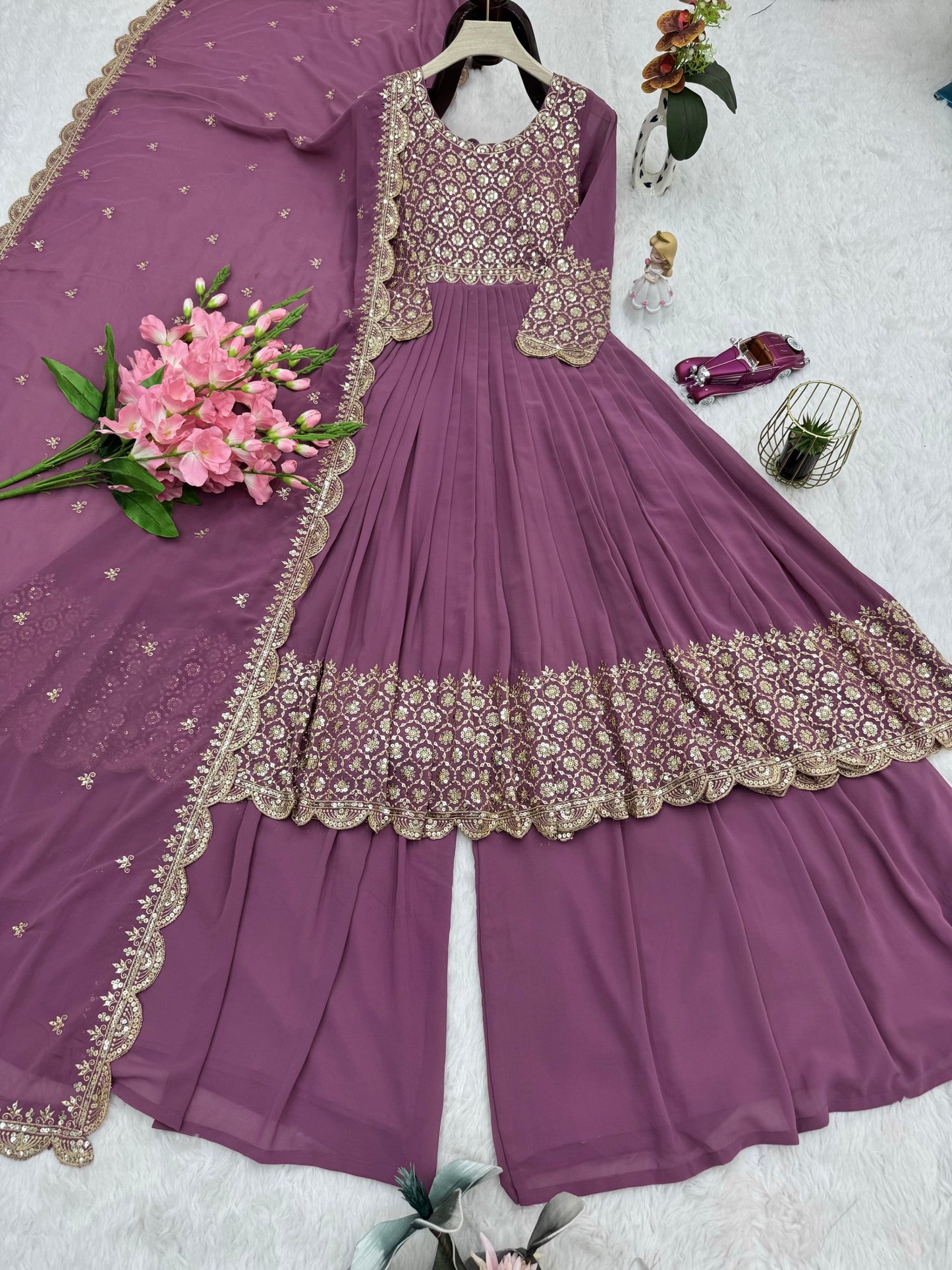 Lorenvalley Fashion Lavender Faux Georgette Embroidery & Sequins Work Anarkali Gown Sharara with Dupatta | Swadesiicart