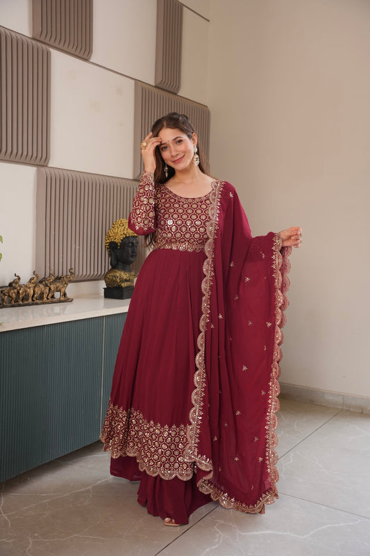 Lorenvalley Fashion Maroon Faux Georgette Embroidery & Sequins Work Anarkali Gown Sharara with Dupatta