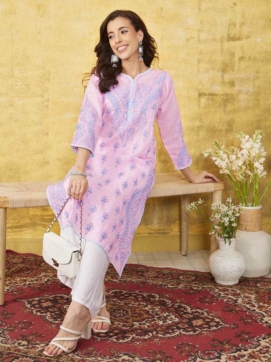 ADA Women Pink & Blue Chikankari Hand Embroidered Semi-Sheer Straight Sustainable Handloom Kurta | Swadesiicart