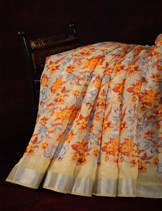 Light Beige Colour Floral Design Semi Chanderi Saree By Gayathri Reddy Designer Studio | Swadesiicart