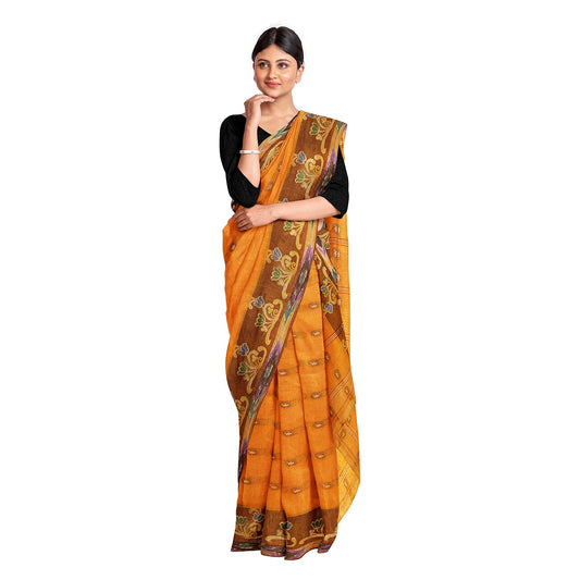 Exclusive Collection 100% Pure Cotton Orange Tant Saree With Hand Weaving Work - Swadesiicart