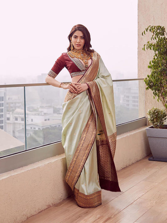 Kalini Ethnic Motifs Woven Design Zari Silk Cotton Banarasi Saree | Swadesiicart