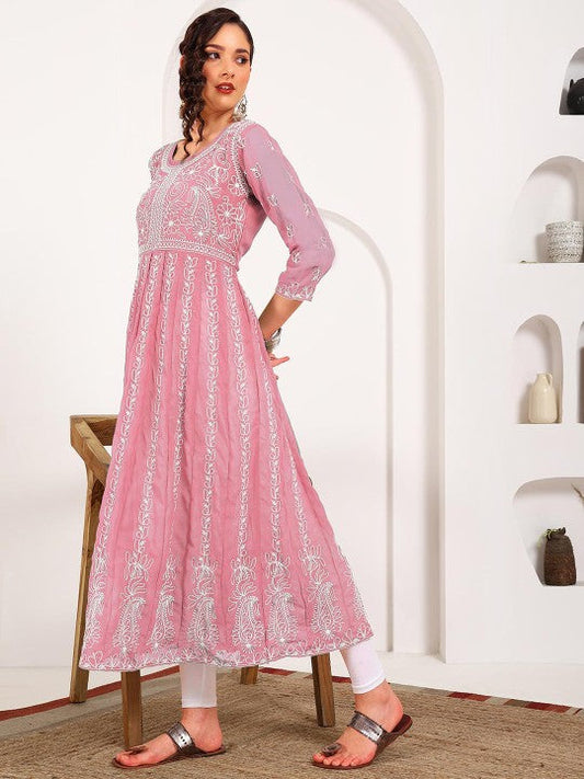 HERE&NOW Women Chikankari Embroidered Thread Work Georgette Anarkali Kurta | Swadesiicart