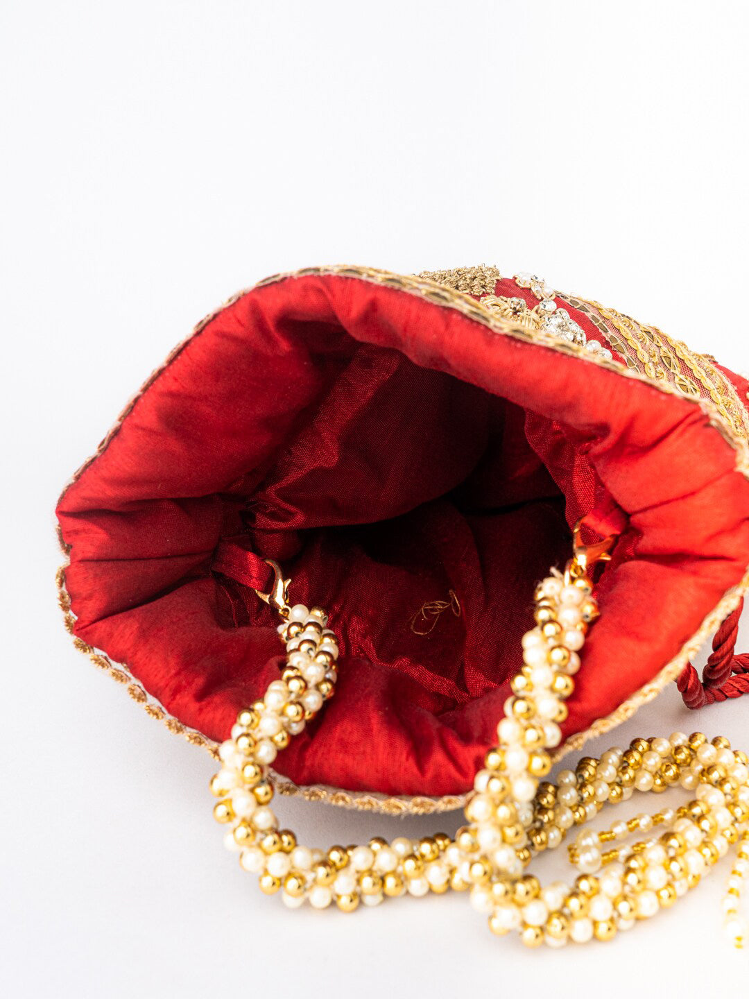 NR By Nidhi Rathi Maroon & Gold-Toned Persia Embroidered Potli Clutch - Swadesiicart