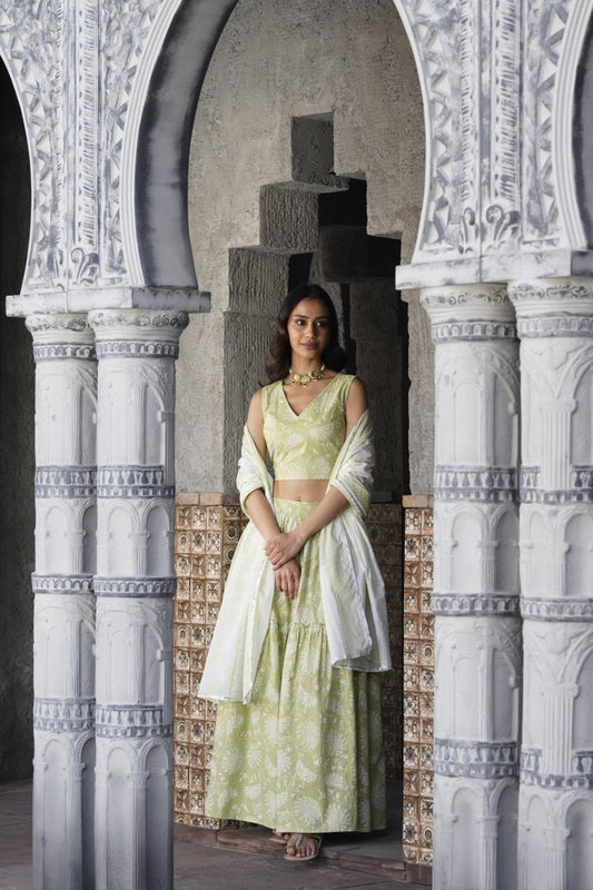 Ahalyaa Pure Cotton Green & White Printed Khari Print Ready to Wear Lehenga & Blouse With Dupatta | Swadesiicart