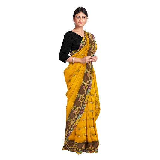 Exclusive Collection 100% Pure Cotton Golden Yellow Tant Saree With Hand Weaving Work - Swadesiicart