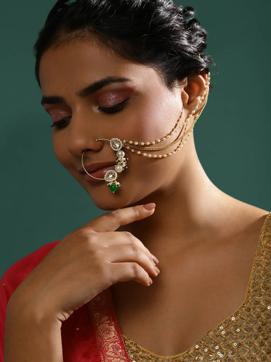 Gold-Polished White Green Kundan-Studded Pearl Beaded Nosepin - Ruby Raang | Swadesiicart