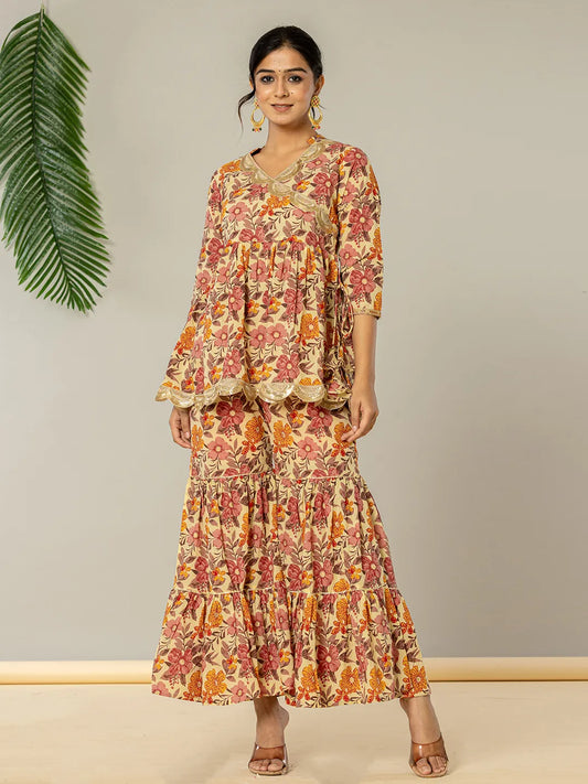Yufta Beige Cotton Peplum Sharara Co-Ord Set - Swadesiicart
