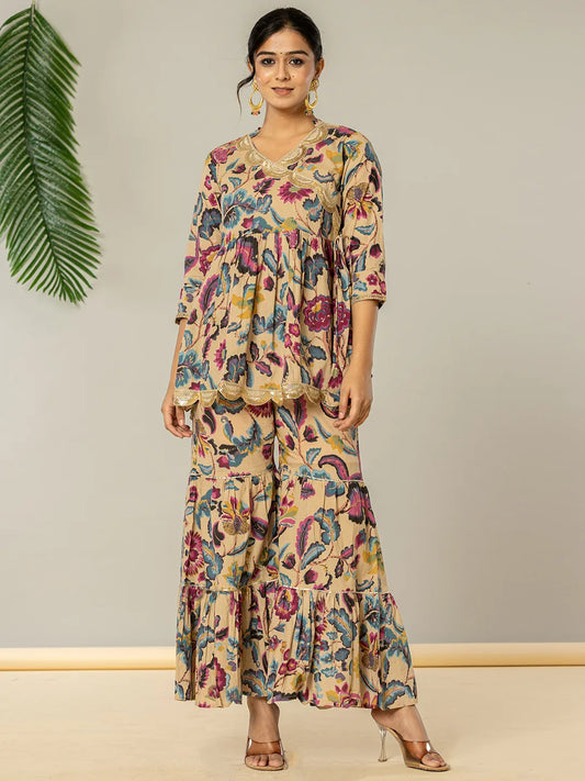 Yufta Multi Cotton Peplum Sharara Co-Ord Set - Swadesiicart