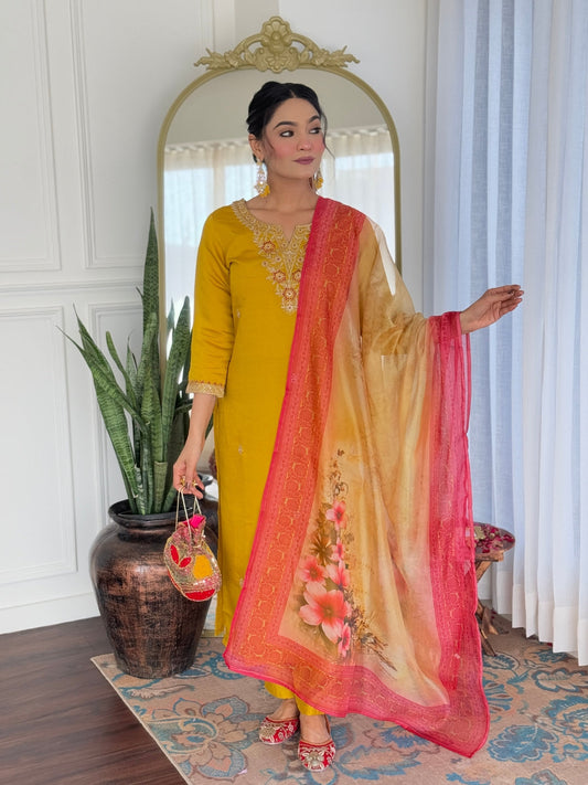 The52 Women's Beautiful Rayon Embroidery work Straight Kurta with Pant and Dupatta Set - Swadesiicart
