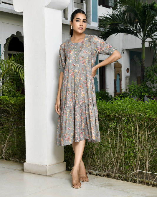 Vaasva Women's Grey Cotton Digital Printed Embroidered Placket Dress | Swadesiicart