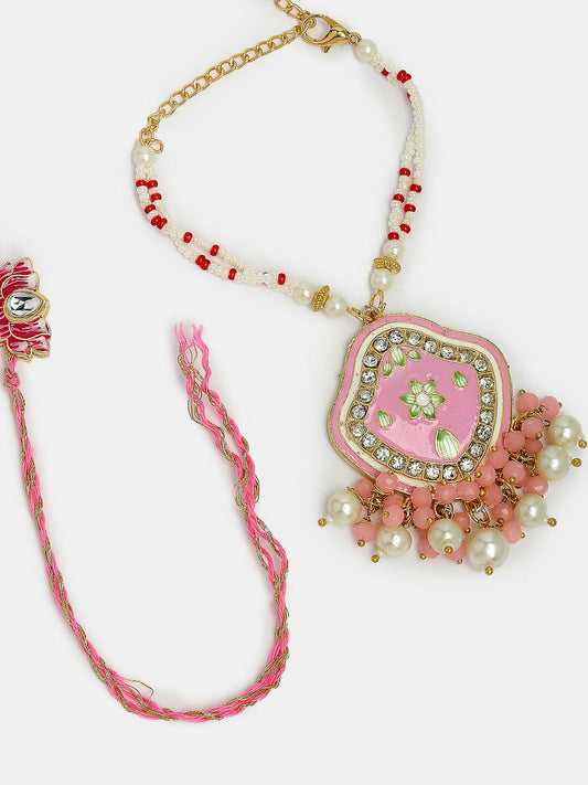NVR Women & Men Set of 2 Pink Lotus Shape Kundan Stone-Studded & Beaded Bhaiya Bhabhi Rakhi With Roli Chawal & Chocolate | Swadesiicart