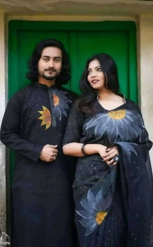 Exclusive Collection Elegant Hand Printing Designe On Pure Cotton Swadesiicart And Men's Kurta - Black