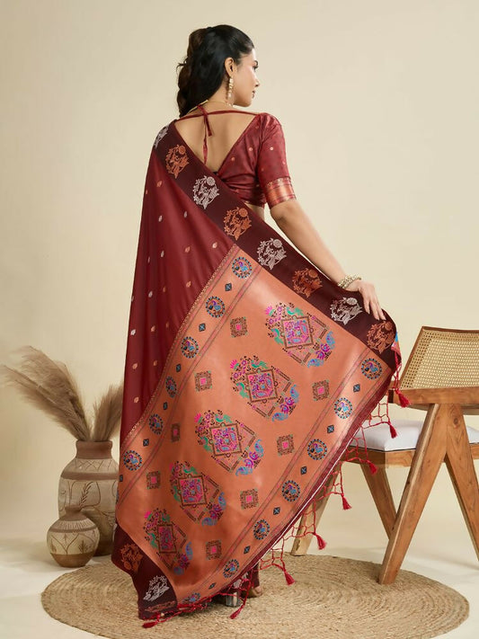 Vishnu Weaves Women's Maroon Banarasi Silk Zari Woven Saree with Blouse - Swadesiicart