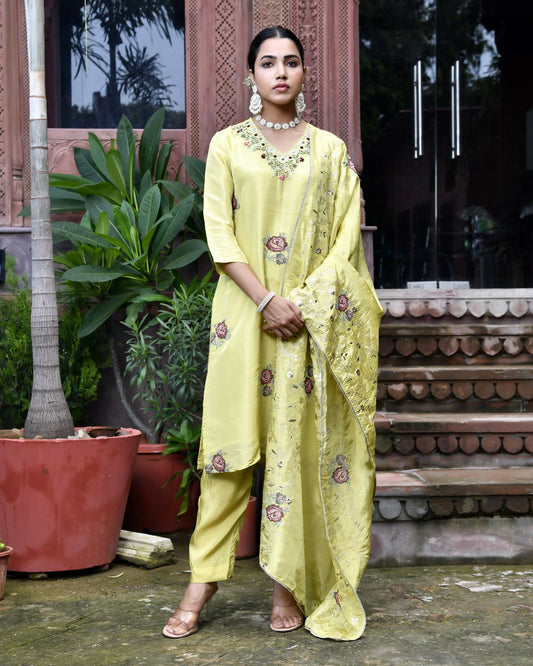 Vaasva Women's Tissue Silk Emboidered Suit Set With Solid Pant & Solid Embroidered Dupatta | Swadesiicart