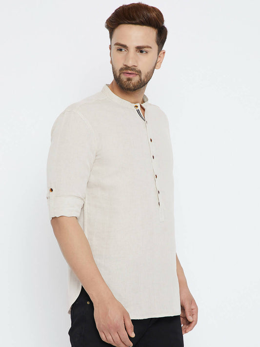 Even Apparels Beige Linen Linen Men's Kurta With Band Collar | Swadesiicart