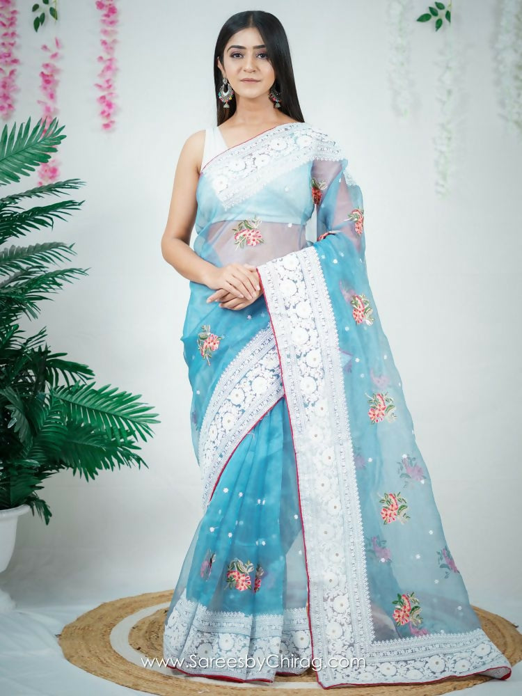 Vamsee Sambhuti Sky Organza Saree - Swadesiicart