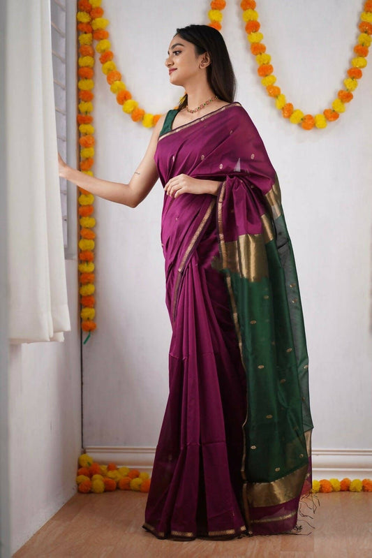 DEIANA'S Beautiful Designer Golden zari Soft Cotton Saree - Wine - Swadesiicart