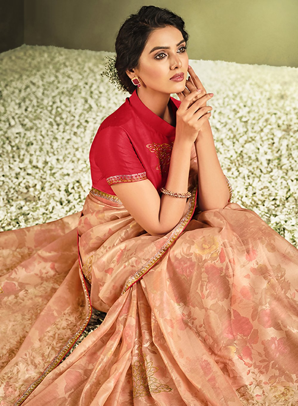 Peach Tissue Digital Printeds Flowers. Stone Embellishments Saree - Norita Hit - Swadesiicart
