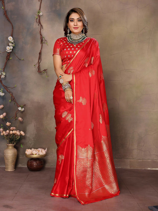 Joban Fashion Red Floral Motifs Banarasi Silk Sarees | Swadesiicart