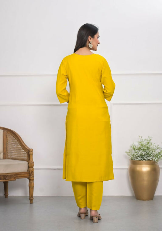 Yellow Viscose Silk Embroidery with Thread and sequence Stitched Suit With Dupatta - Tanisha | Swadesiicart