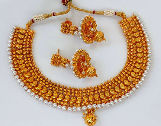 Metallic Mango Necklace Set With White Beads - Mokshi Collections
