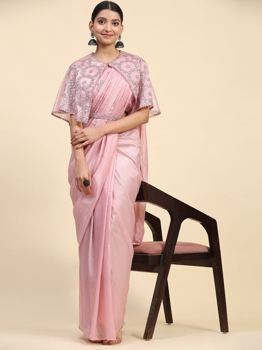 Pink Satin Solid Ready to wear Saree with stitched Blouse - Vanita | Swadesiicart