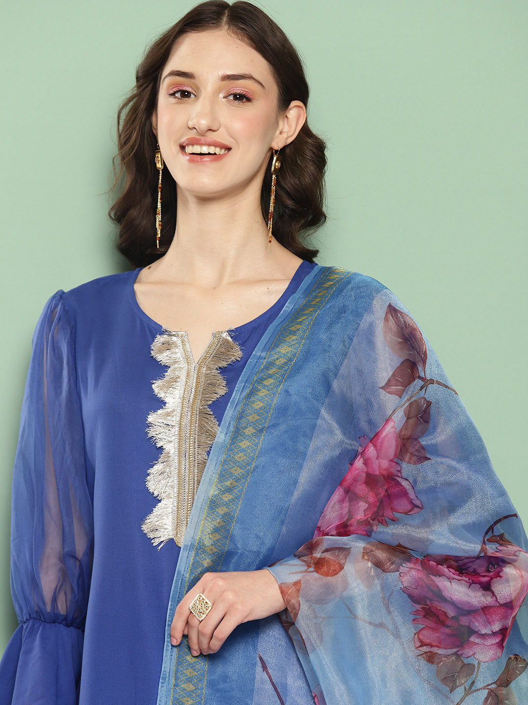 InWeave Women's Ink Blue Organza Sleeve Kurta Set W Blue Fuchsia Or Dupatta - Swadesiicart