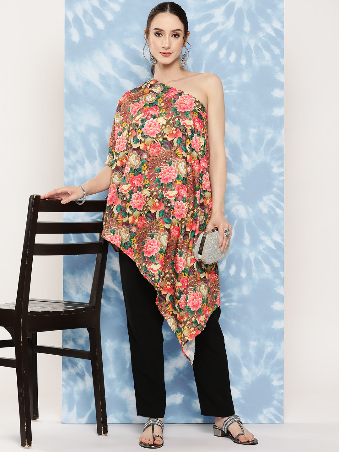 InWeave Women's Mutli Peacock Japanese Art Oneshoulder Top - Swadesiicart
