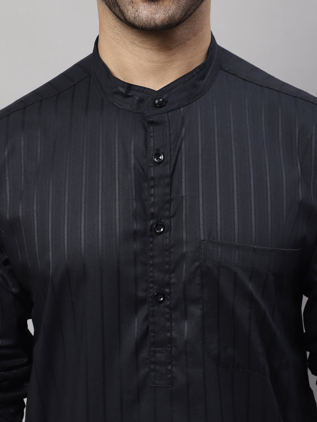 Even Apparels Black Pure Cotton Kurta With Band Collar | Swadesiicart