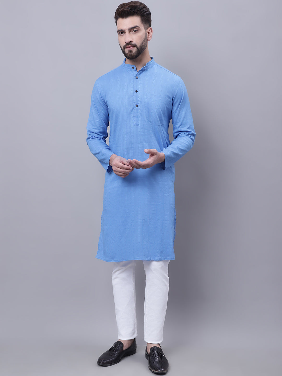 Even Apparels Blue Pure Cotton Kurta With Band Collar | Swadesiicart