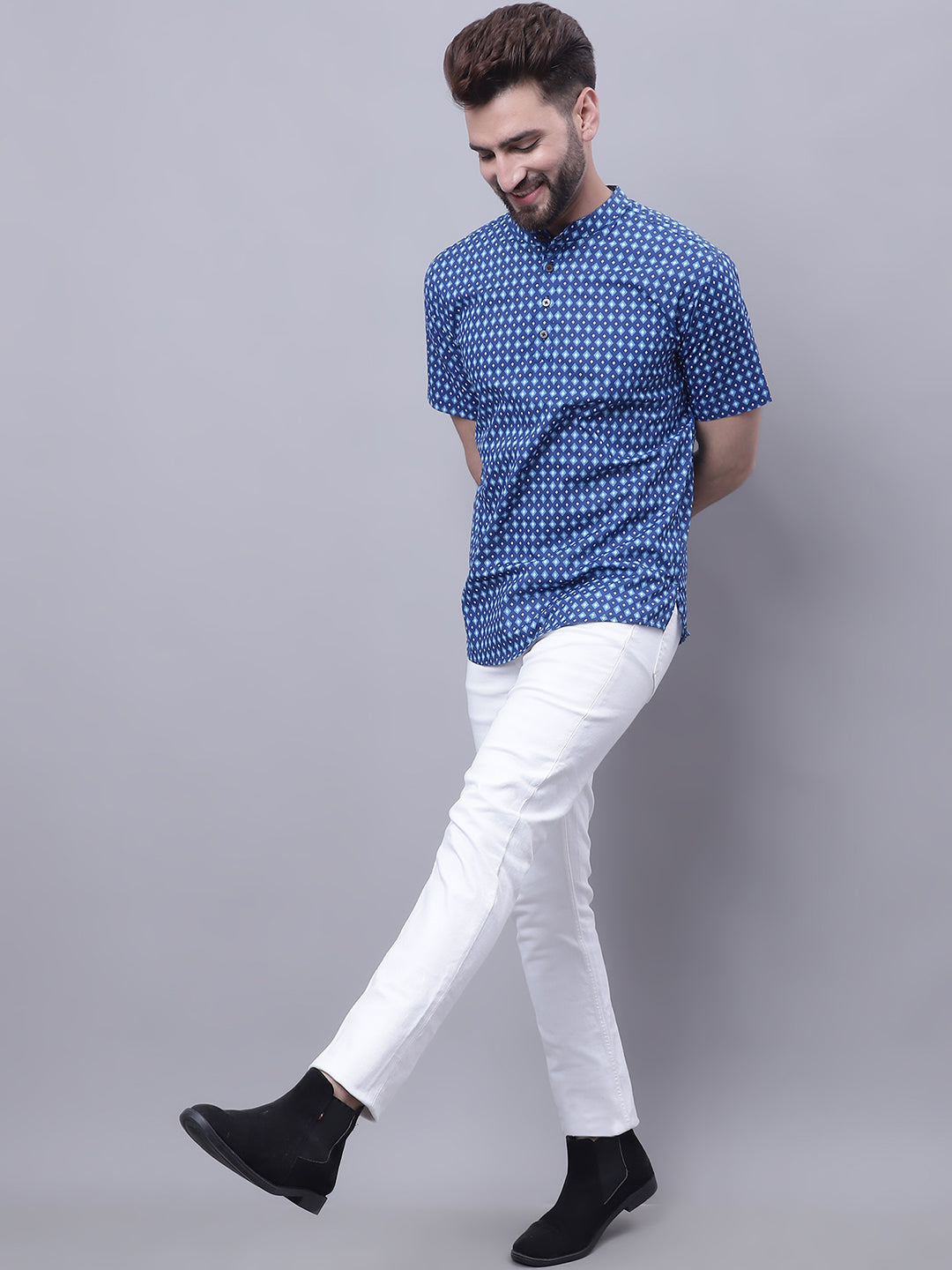 Even Apparels Blue Pure Cotton Short Kurta With Band Collar | Swadesiicart