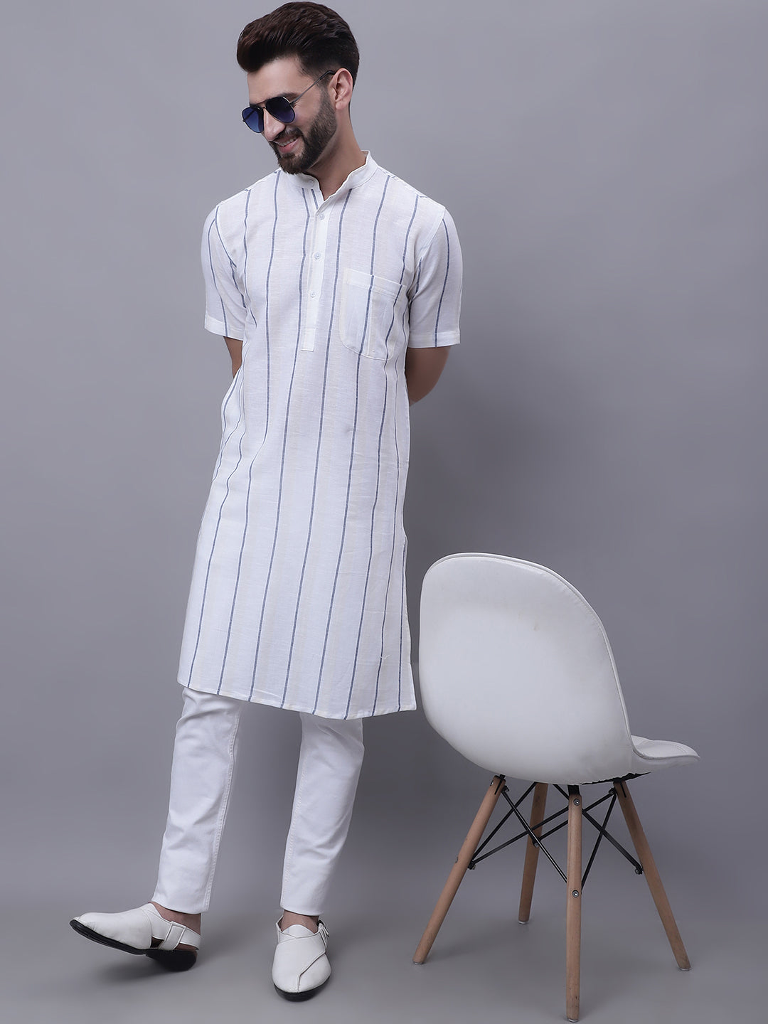 Even Apparels Cream Pure Cotton Short Sleeves Kurta With Band Collar | Swadesiicart