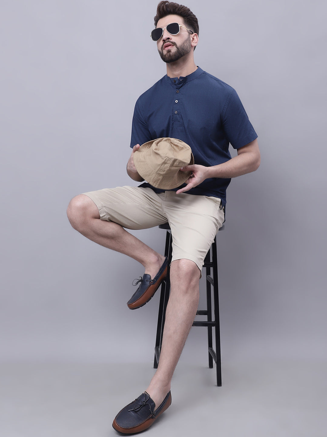 Even Apparels Blue Pure Cotton Short Kurta With Band Collar | Swadesiicart