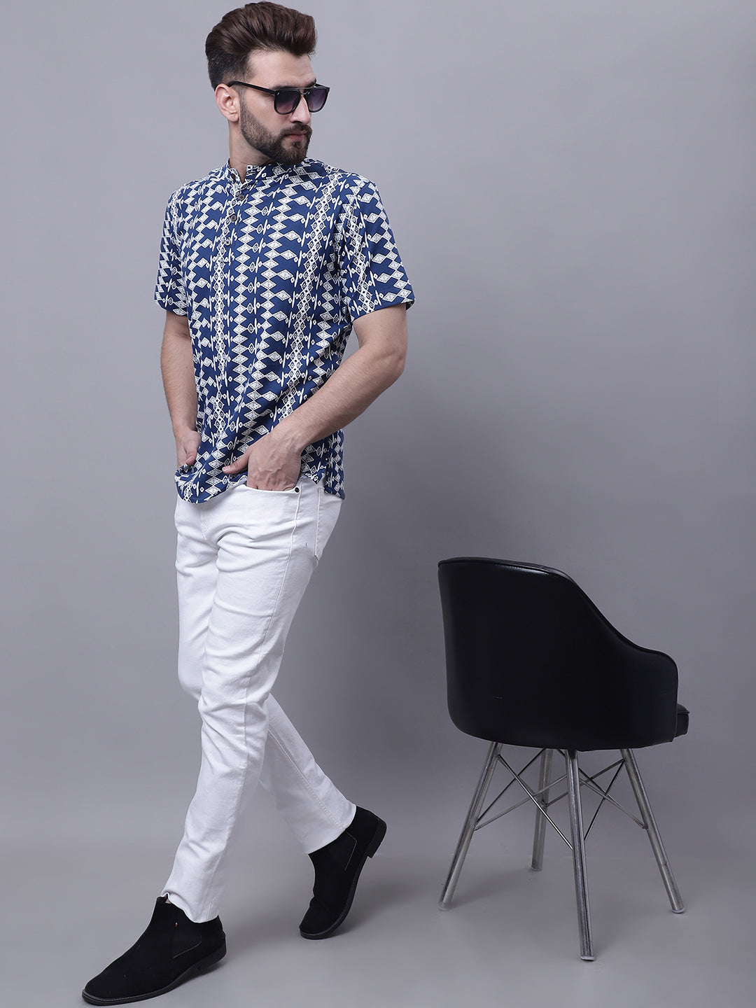 Even Apparels Blue Pure Cotton Short Kurta With Band Collar | Swadesiicart