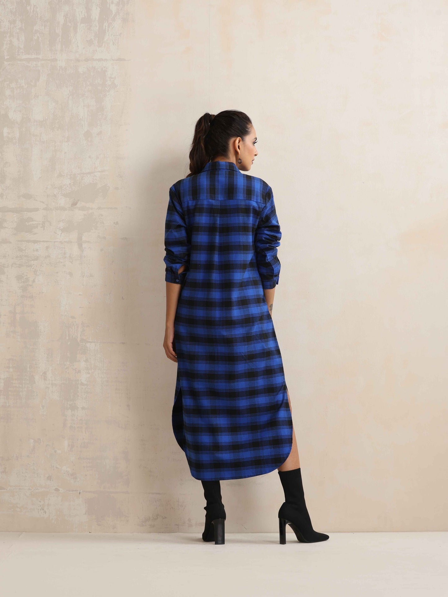 trueBrowns Blue Check Winter Shirt Dress | Swadesiicart