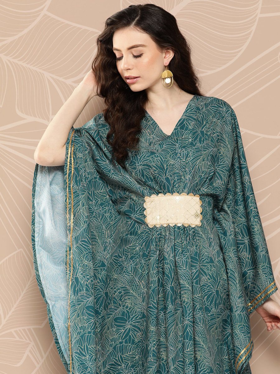 Ahalyaa Women Floral Printed Flared Sleeves Patchwork Belted Detail Crepe Kaftan Kurta | Swadesiicart
