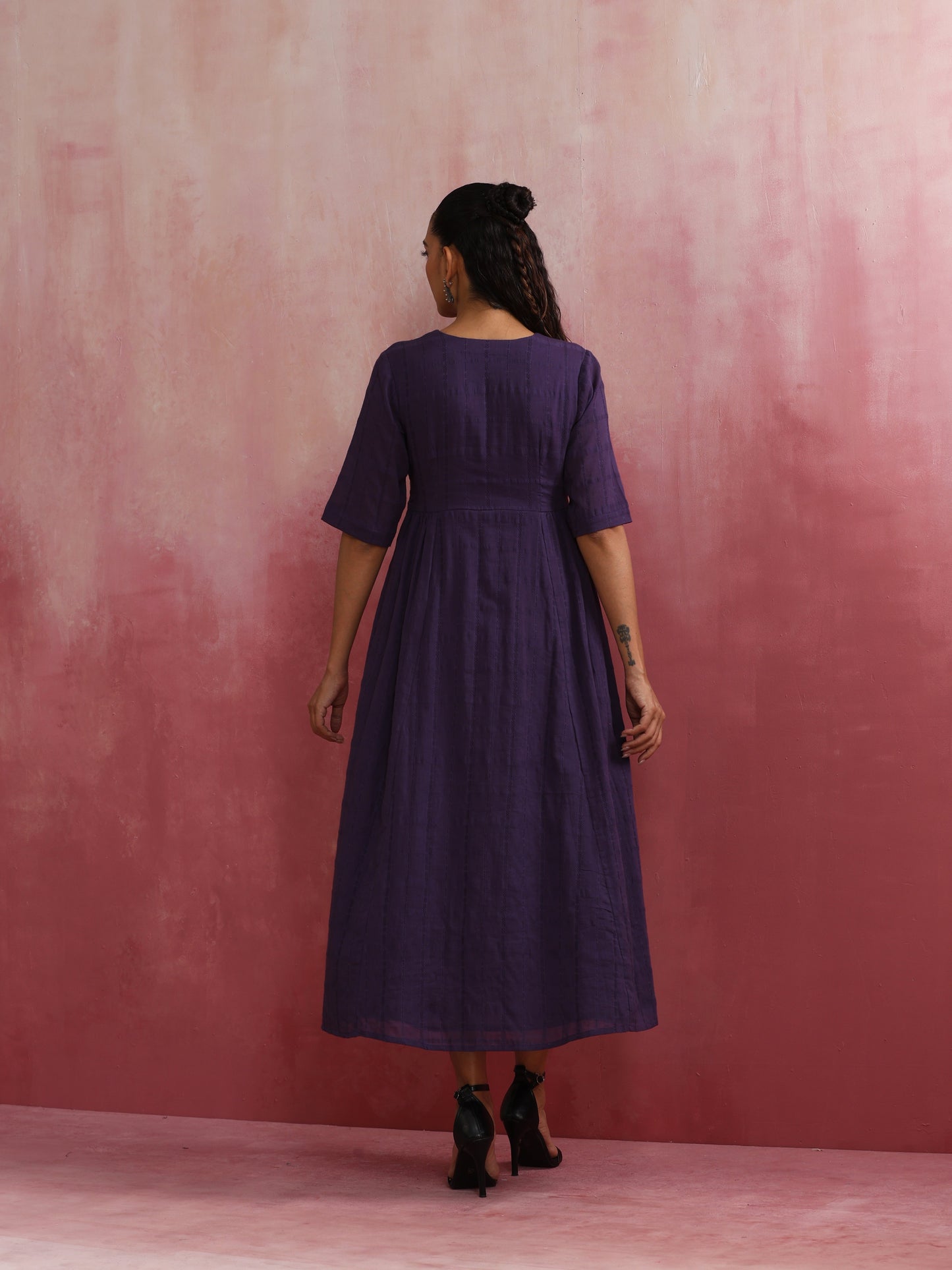 trueBrowns Purple Cotton Dobby Dress | Swadesiicart