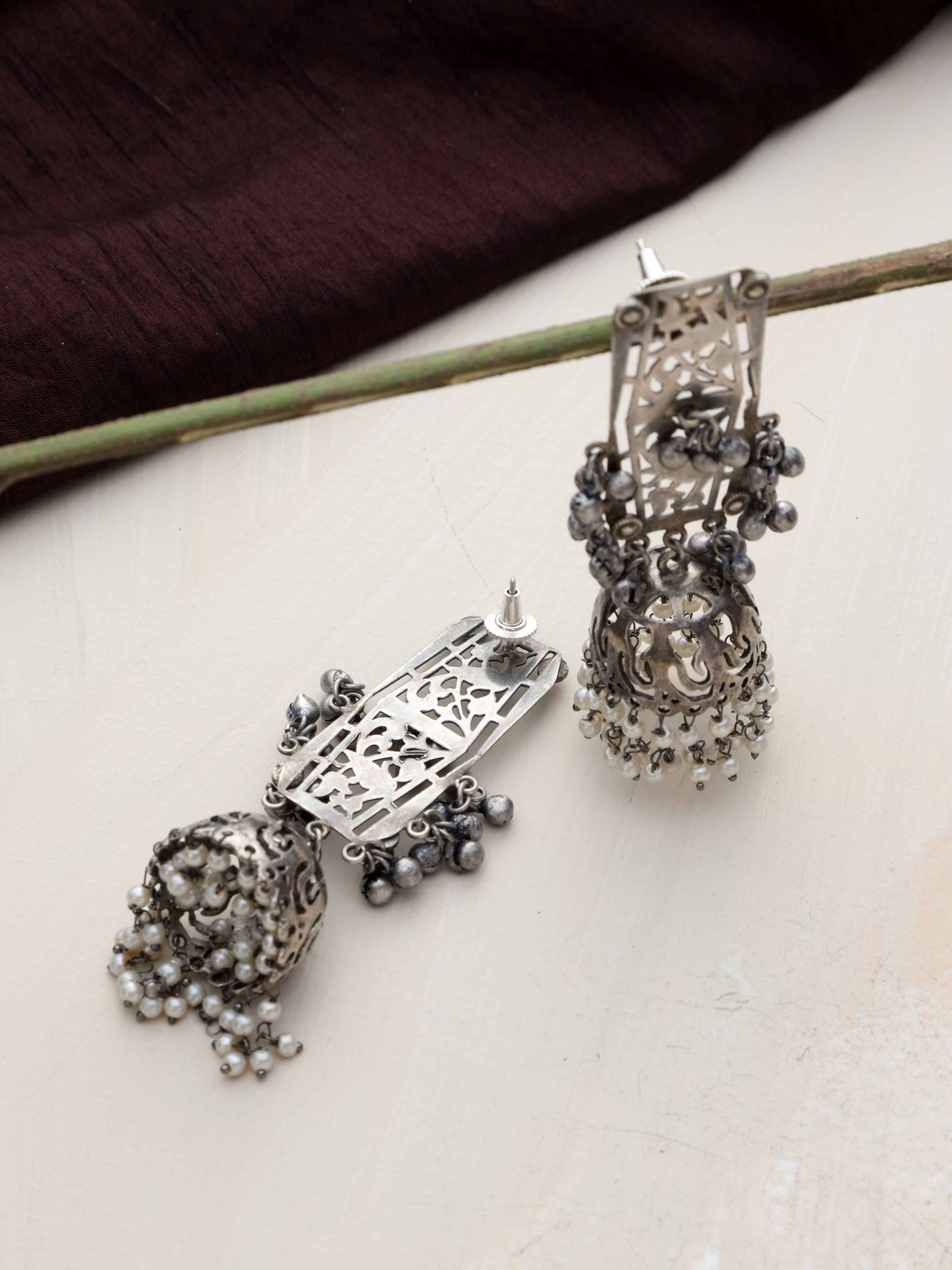 trueBrowns Silver Tone Floral Jhumka Earrings - Swadesiicart