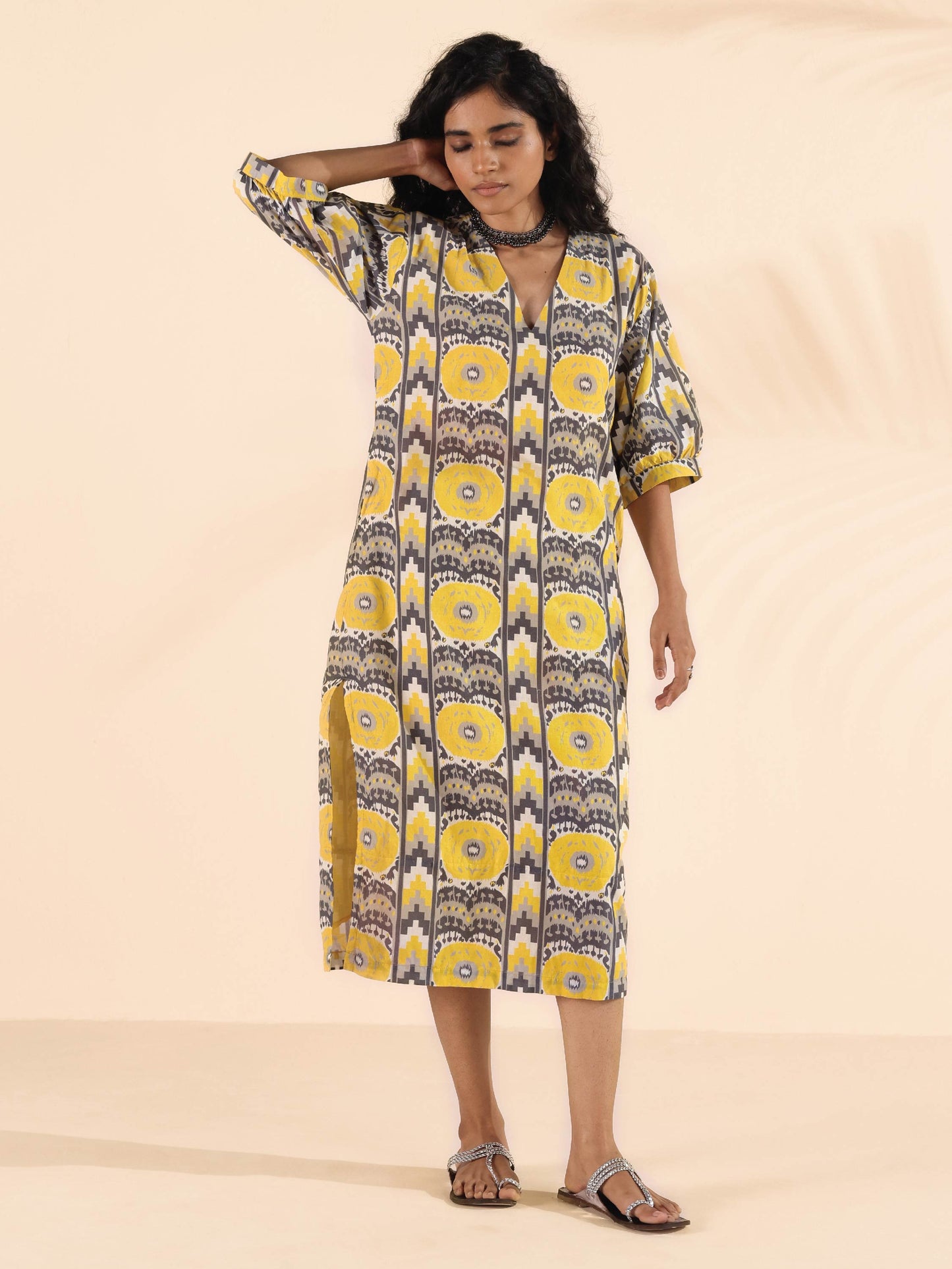 trueBrowns Yellow Cotton Ikat Slit Dress | Swadesiicart
