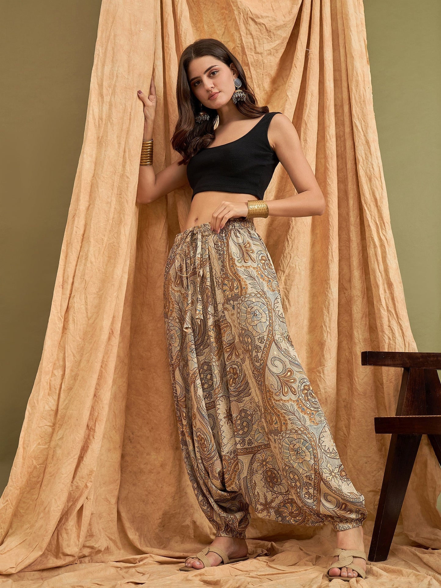 InWeave Beige Paisley Flower Harem Pant - Swadesiicart