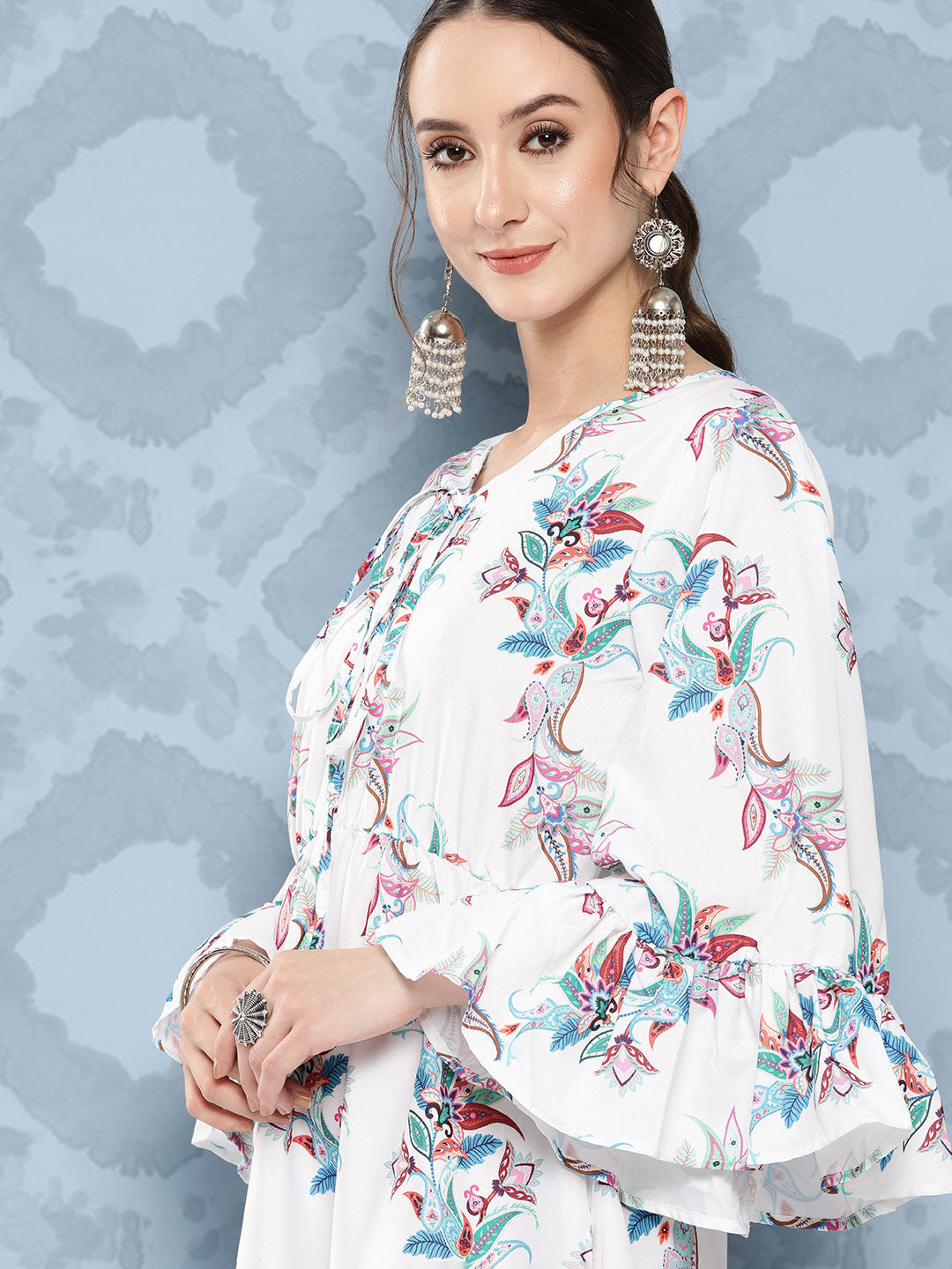 InWeave Women's White Floral Paisley Print Short Dress - Swadesiicart