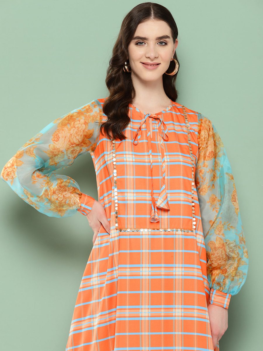 Ahalyaa Checked Tie-Up Neck Sequined Ethnic A-Line Midi Dress | Swadesiicart