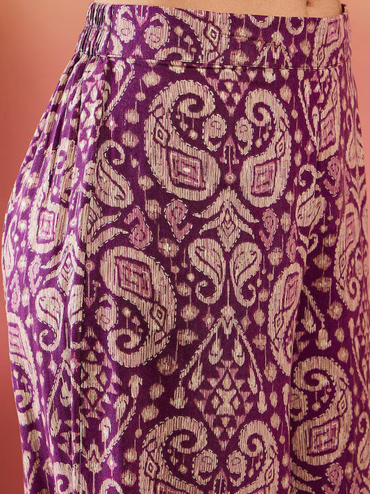 InWeave Dusty Mauve Paisley Round Neck Kurta Short Palazzo Set - Swadesiicart