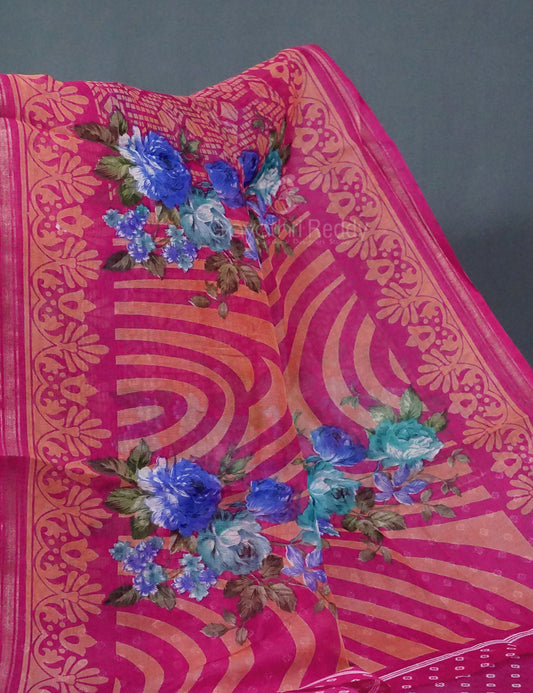 Shades of Hot Pink Colour Floral Design Semi Chanderi Saree By Gayathri Reddy Designer Studio | Swadesiicart