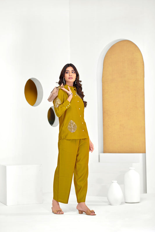 BulBul Saroj Mustard Chanderi Co-Ord Set - Swadesiicart