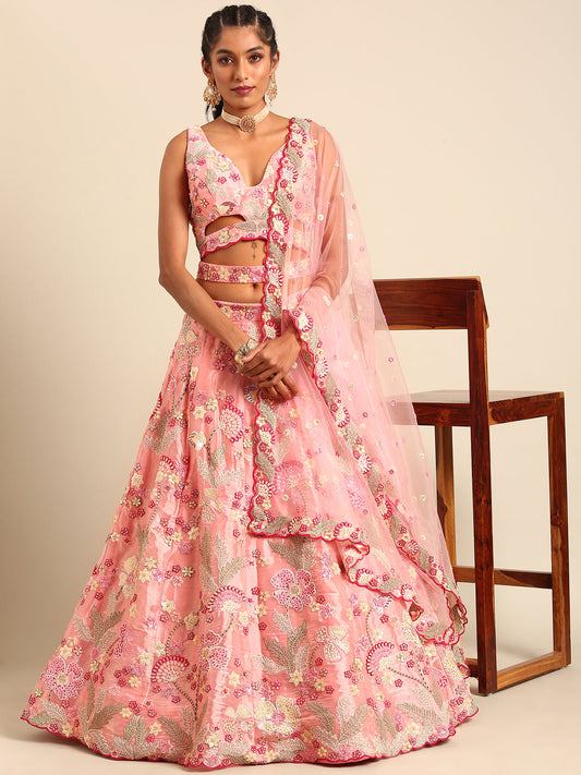 House of Panchhi Pink Organza Sequins And Zarkan Embroidery Lehenga Choli & Dupatta | Swadesiicart
