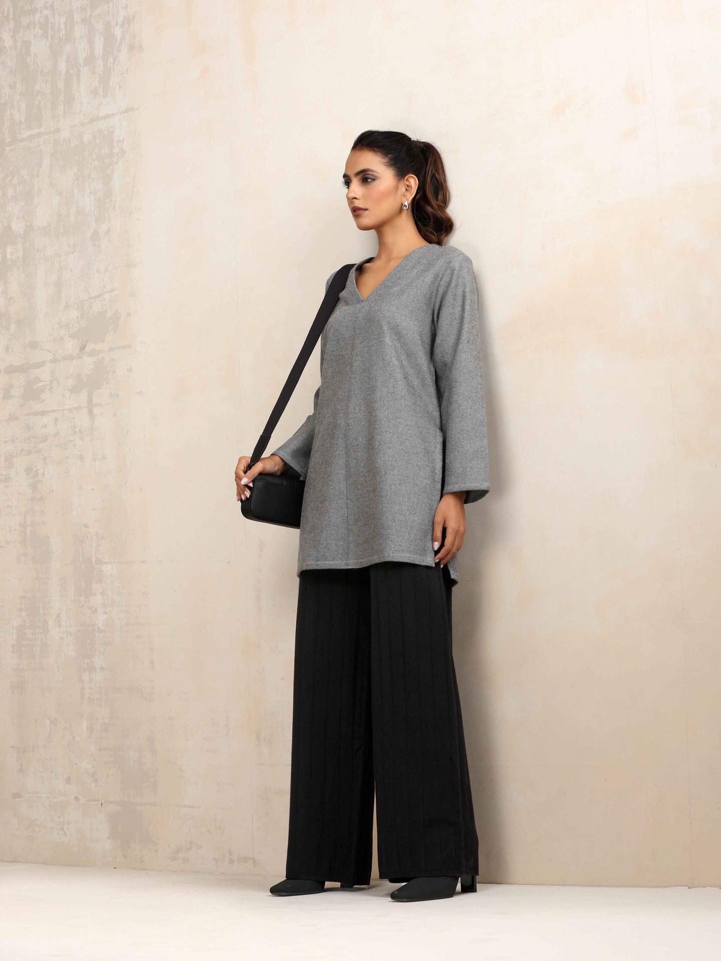 trueBrowns Black Woollen Flared Pants | Swadesiicart
